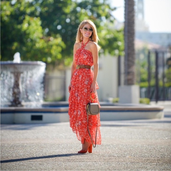 NEW MISA Los Angeles Halter Neck Ruffle Tiered Floral Maxi Dress Red Boho Summer - Picture 8 of 16